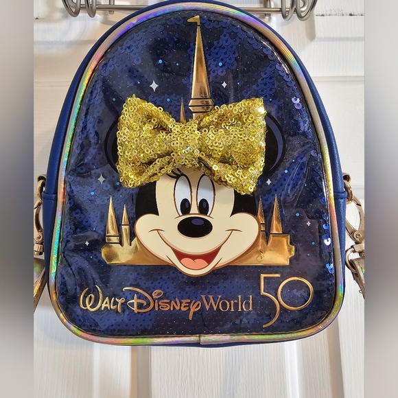 Walt Disney World Minnie Mouse 50th Anniversary Backpack Crossbody Bag Blue/Gold - Picture 3 of 9